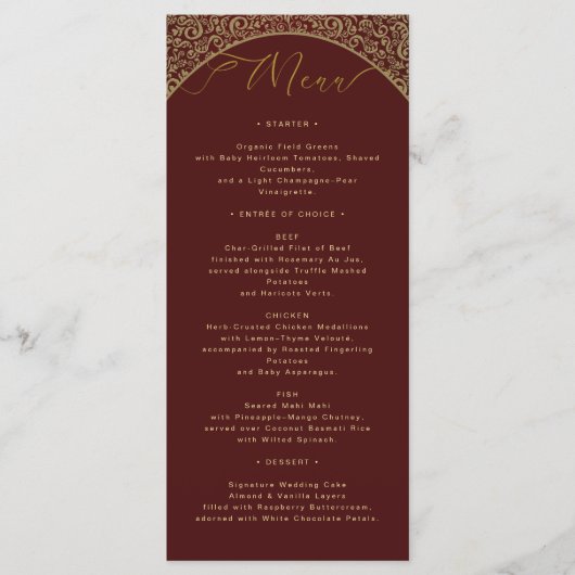 Red Damask Elegante Wedding Menu Card Menükarte (Vorderseite)