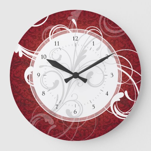 Red Damask Elegante Wirbel Große Wanduhr (Vorderseite)