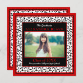 Red Damask Floral Foto Abschluss Einladung (Vorne/Hinten)