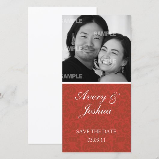 Red Damask Foto Card Save The Date (Vorne/Hinten)