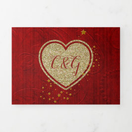 Red Damask Gold Heart All in One Wedding Dreifach Gefaltete Einladung