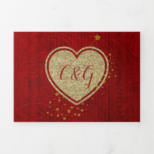 Red Damask Gold Heart All in One Wedding Dreifach Gefaltete Einladung