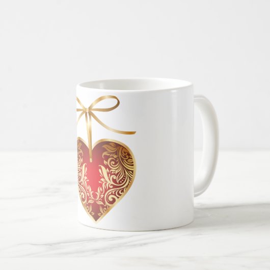 Red Damask Heart Kaffeetasse (VorderseiteRechts)