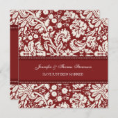 Red Damask Just Married Announcards Ankündigung (Vorne/Hinten)