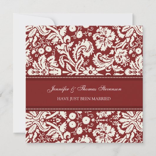 Red Damask Just Married Announcards Ankündigung (Vorderseite)