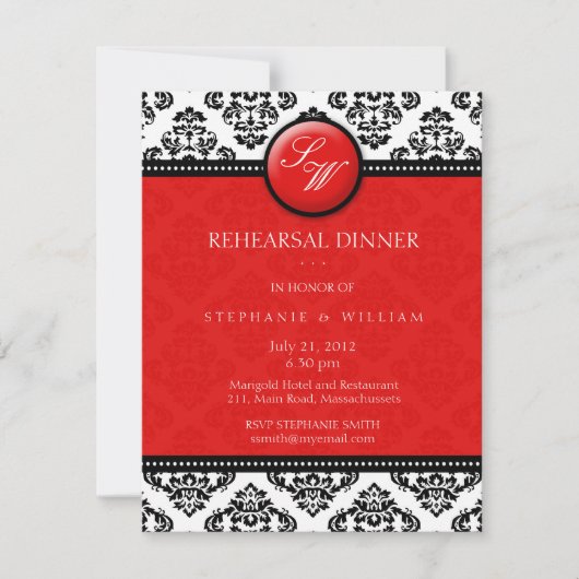 Red Damask Monogram Probe Dinner Card Einladung (Vorderseite)