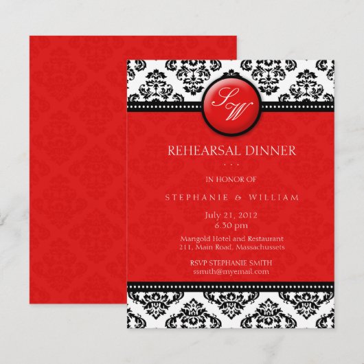 Red Damask Monogram Probe Dinner Card Einladung (Vorne/Hinten)
