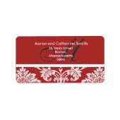 Red Damask Monogram Wedding Address Labels Adressaufkleber (Vorne)