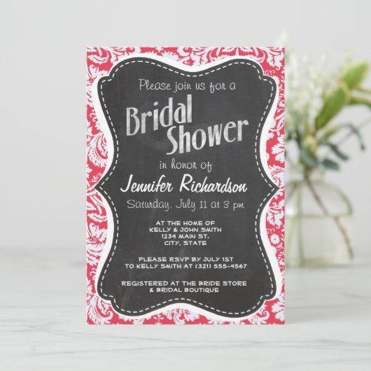 Red Damask Pattern; Vintage Chalkboard Einladung (Stehend Vorderseite)