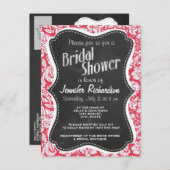 Red Damask Pattern; Vintage Chalkboard Einladungspostkarte (Vorne/Hinten)