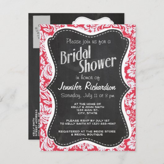 Red Damask Pattern; Vintage Chalkboard Einladungspostkarte (Vorne/Hinten)
