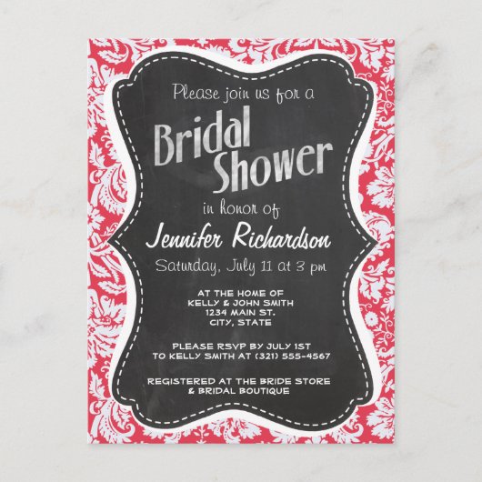 Red Damask Pattern; Vintage Chalkboard Einladungspostkarte (Vorderseite)