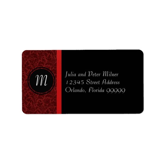 Red Damask & Red Bow Monogram - Address Label Adressaufkleber (Vorne)