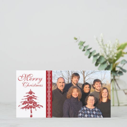 Red Damask Tree & Snowflakes Frohe Weihnachten (Stehend Vorderseite)