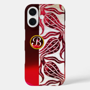 RED DAMASK VELVET TULIPS MONOGRAM Burgund White iPhone 16 Hülle