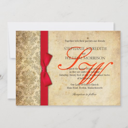 Red Damask Vintag Bow Wedding Einladung (Vorderseite)