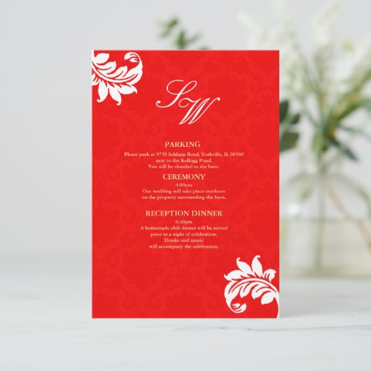 Red Damask Wedding Card Einladung (Stehend Vorderseite)