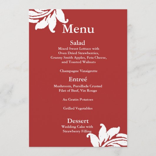 Red Damask Wedding Menu Menükarte (Vorderseite)