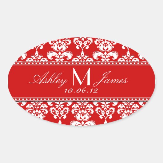 Red Damask Wedding Wine Label Oval Ovaler Aufkleber (Vorderseite)
