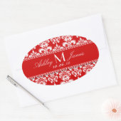 Red Damask Wedding Wine Label Oval Ovaler Aufkleber (Umschlag)