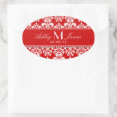 Red Damask Wedding Wine Label Oval Ovaler Aufkleber (Tasche)
