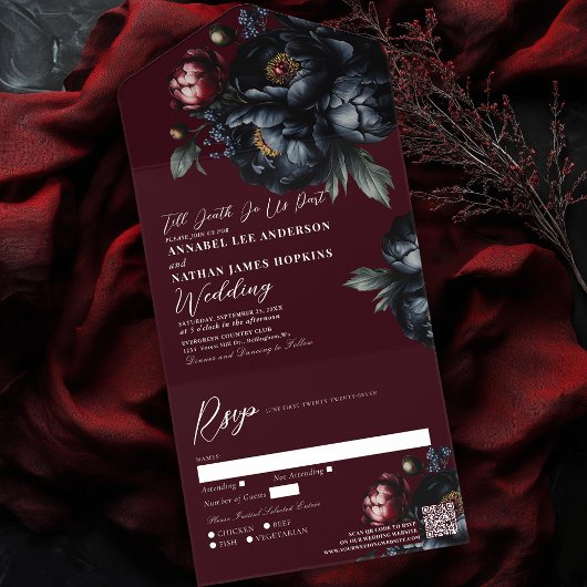 Red Dark Moody Black Peony Gothic Wedding QR Code All In One Einladung