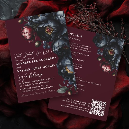 Red Dark Moody Peony Gothic Wedding QR Code Einladung