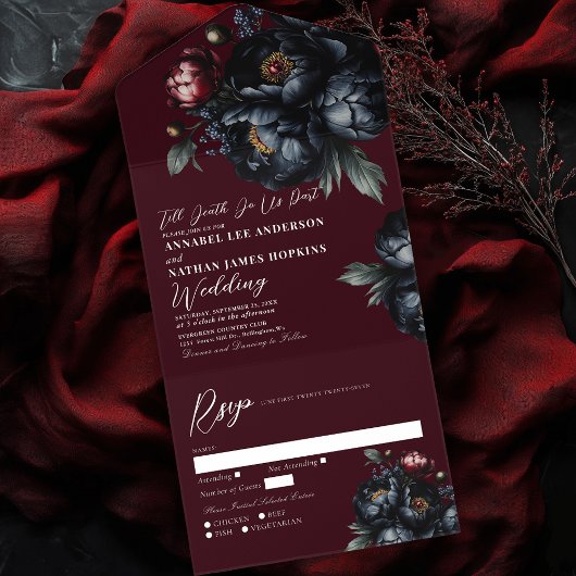 Red Dark Moody Romantic Black Peony Gothic Wedding All In One Einladung