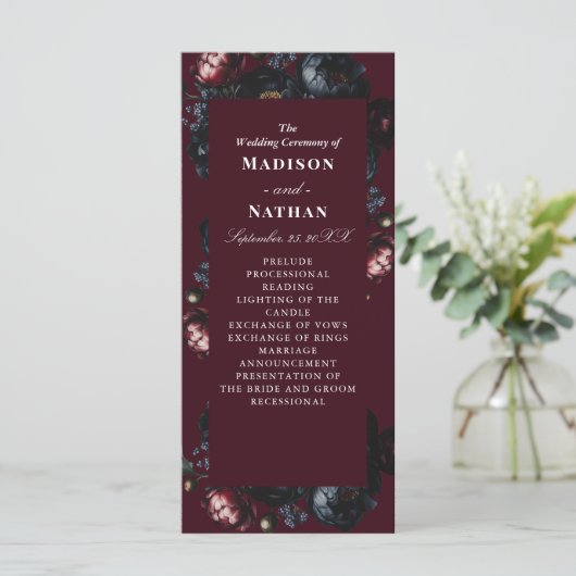Red Dark Moody Romantic Black Peony Gothic Wedding Programm (Stehend Vorderseite)