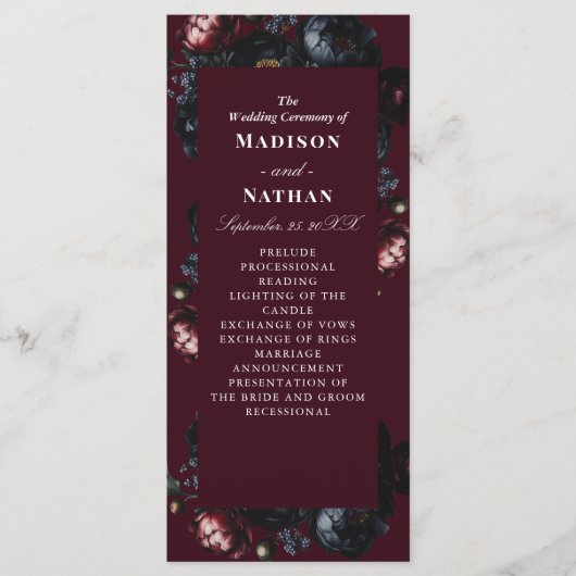 Red Dark Moody Romantic Black Peony Gothic Wedding Programm (Vorderseite)