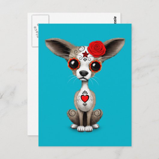 Red Day of the Dead Sugar Skull Chihuahua Puppy Postkarte (Vorne/Hinten)