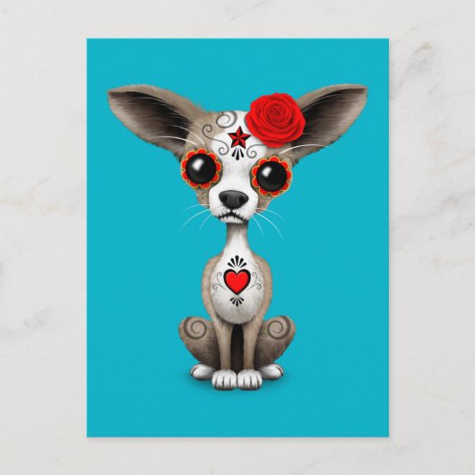 Red Day of the Dead Sugar Skull Chihuahua Puppy Postkarte (Vorderseite)