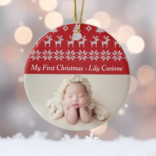 Red Deer Tree Pattern Baby's 1st Christmas Foto Keramik Ornament