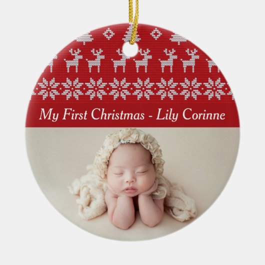 Red Deer Tree Pattern Baby's 1st Christmas Foto Keramik Ornament (Vorne)