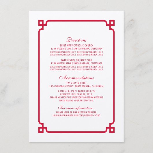 Red Deko Chic Wedding Info Card Begleitkarte (Vorderseite)