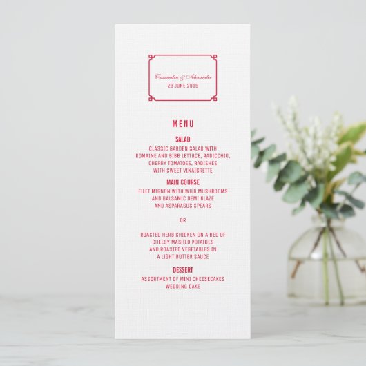 Red Deko Chic Wedding Menu Menükarte (Stehend Vorderseite)
