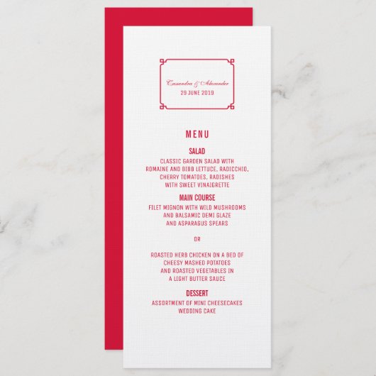 Red Deko Chic Wedding Menu Menükarte (Vorne/Hinten)