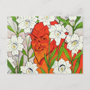 Red Devil versteckt sich zwischen weißen Osterlili Feiertagspostkarte