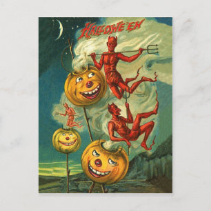Red Devils reiten auf Halloween-Kürbiskuitrauchen Postkarte