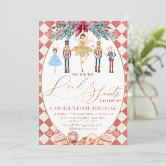 Red Diamond Land der Süßigkeiten Nutcracker Birthd Einladung (Stehend Vorderseite)