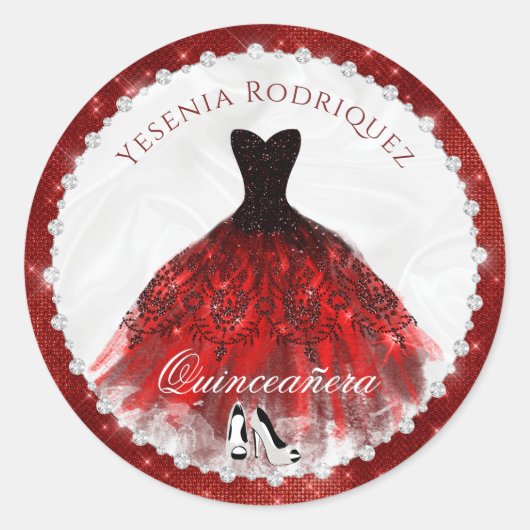 Red Diamond Sparkle Glam Quinceañera Runder Aufkleber (Vorderseite)