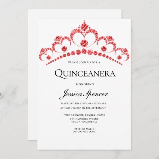 Red Diamond Tiara Quinceanera Party laden Einladung (Vorne/Hinten)