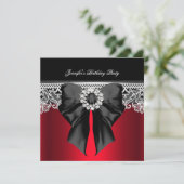 Red Diamonds Lace Image Birthday Party Black Einladung (Stehend Vorderseite)