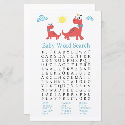 Red Dinosaurier Baby Dusche Word Search Game (Vorne/Hinten)