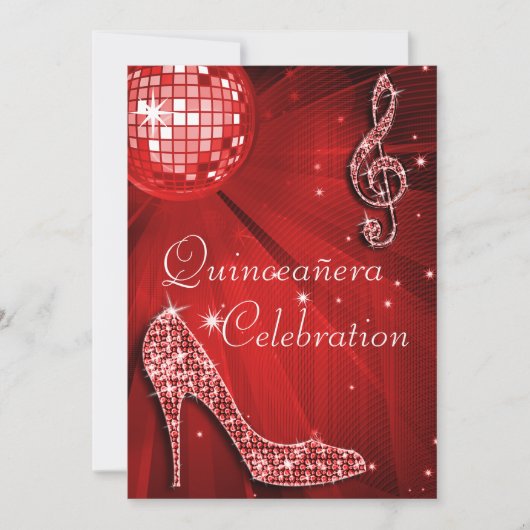Red Disco Ball und Sparkle Heelse Quinceañera Einladung (Vorderseite)