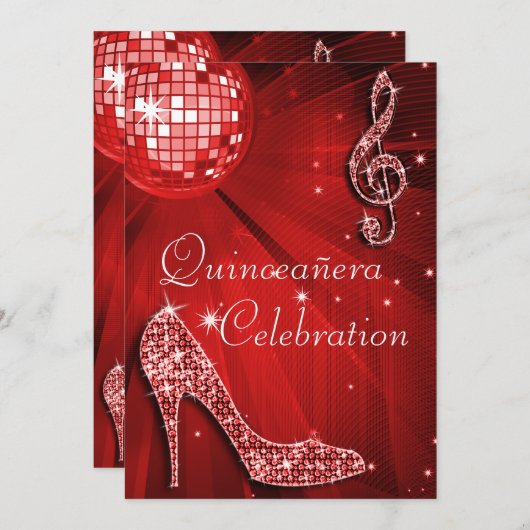 Red Disco Ball und Sparkle Heelse Quinceañera Einladung (Vorne/Hinten)