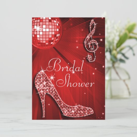 Red Disco Ball und Sparkone Heelses Brautparty Einladung (Stehend Vorderseite)