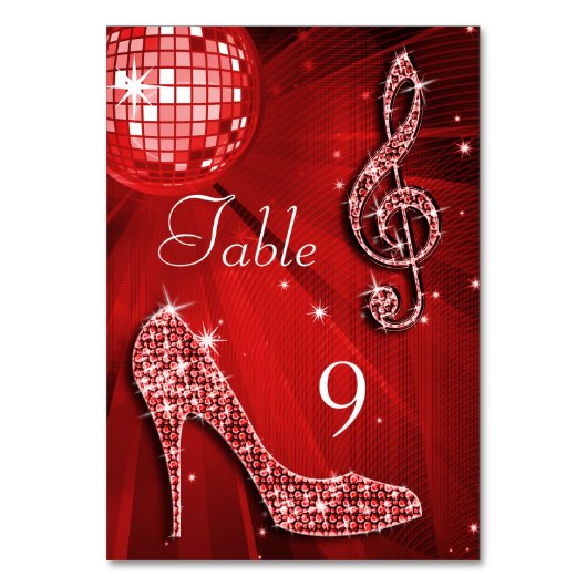 Red Disco Ball und Stiletto Shoe Doppelseitig Tischnummer (Rückseite)