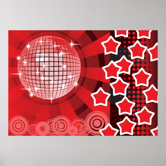 Red Disco Party Thema mit Sternen und Glitzer Ball Poster (Vorne)