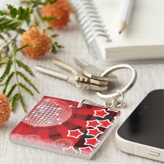 Red Disco Party Thema mit Sternen und Glitzer Ball Schlüsselanhänger (Vorderseite rechts)